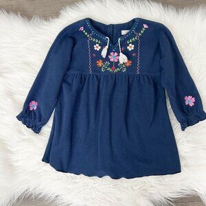 Angel Dear 12-18M Navy Blue Fleece Long Sleeve Embroidered Floral Dress